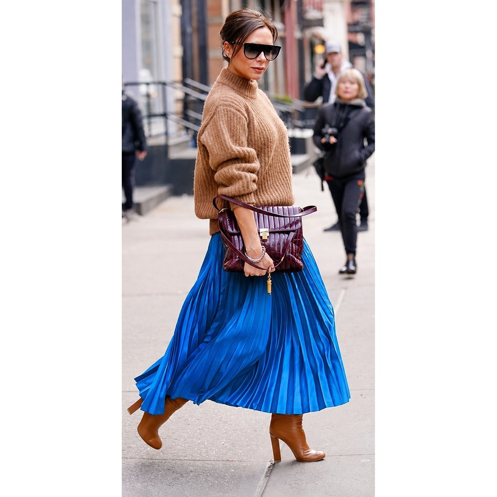 PRETTYGARDEN Women's Blue Pleated Midi Skirt Size S Elastic Waist Satin Look